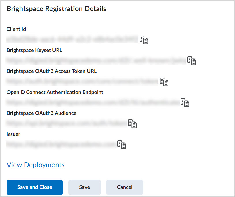 Under the Brightspace Registration Details heading, the Client ID is given as a string, along with other information to copy into Mobius.